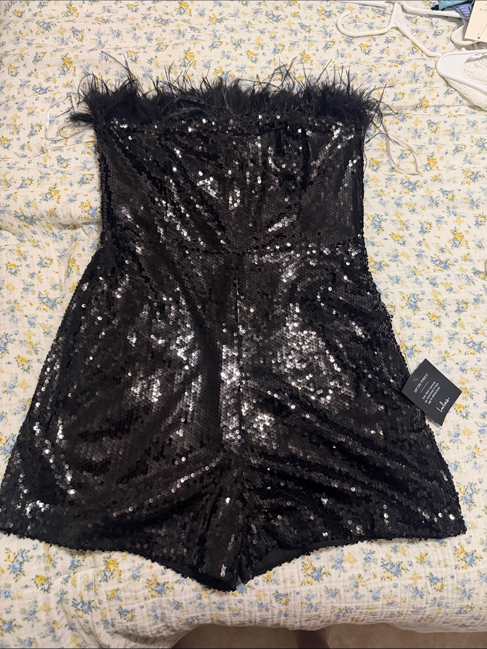 Lulu's Black Sequin Strapless Feather-Trim Romper